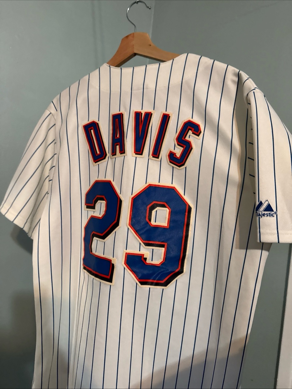Majestic Mets White Pinstripe Baseball Jersey with Blue and Orange Script - Picture 3 of 8